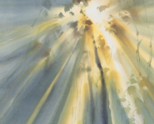 Autumn light in the forest watercolor landscape