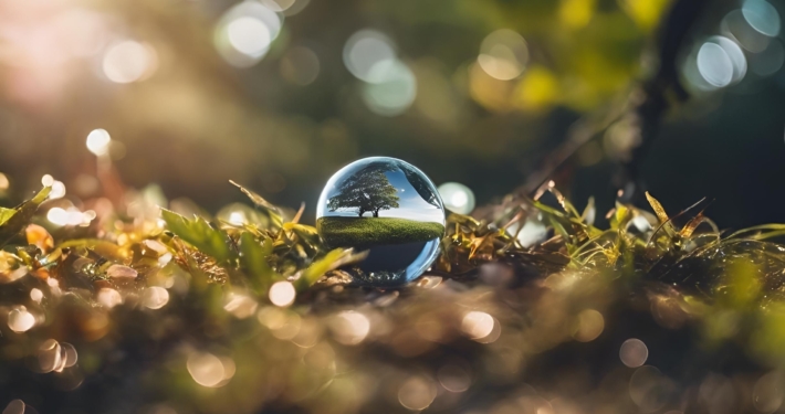 Close-up of a crystal ball reflecting a tree and vegetation with bokeh background. Birth of spring.